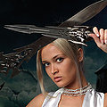 Stunning amazon with swords and without panties